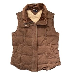 Tommy Hilfiger brown canvas gorpcore faux fur trim puffer vest